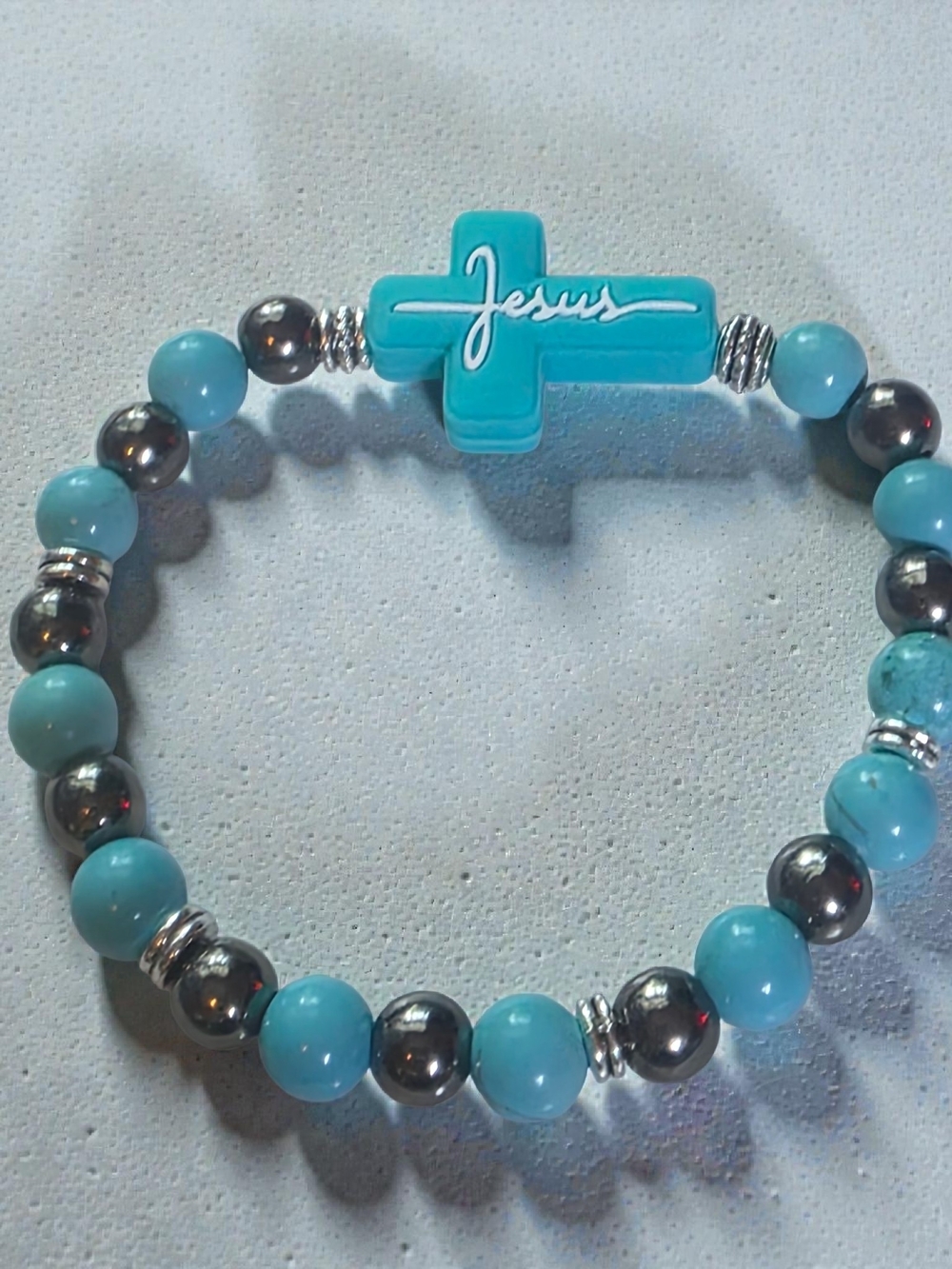 Turquoise "Jesus" Cross Bead Bracelet - Faith-Inspired Women's Jewelry